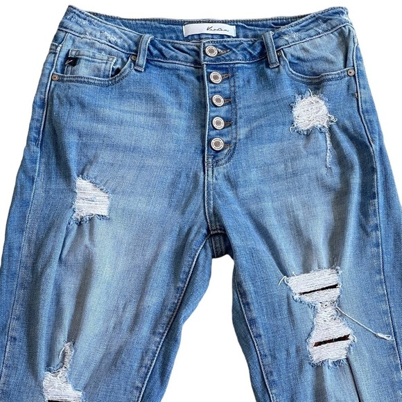 KanCan Women’s High Rise Distressed Leopard Patch Jeans Size 7/27 Blue Distress - Picture 3 of 9